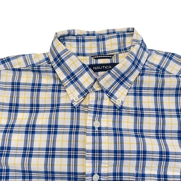 Nautica Blue Yellow Plaid Dress Shirt Size Large Casual Short Sleeved Business - Picture 2 of 10